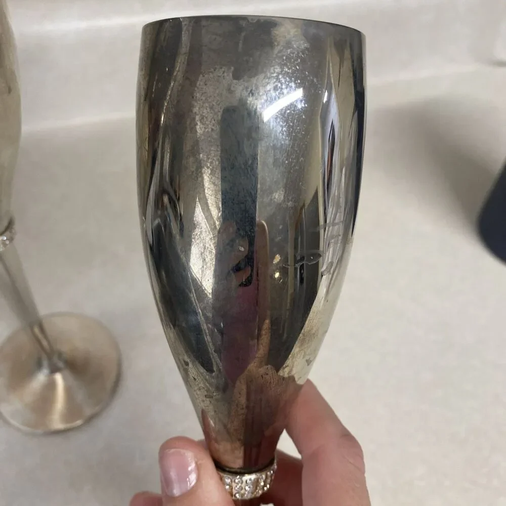 Things Remembered Silver Plated Swarovski Crystal Champagne Toasting Flutes Set